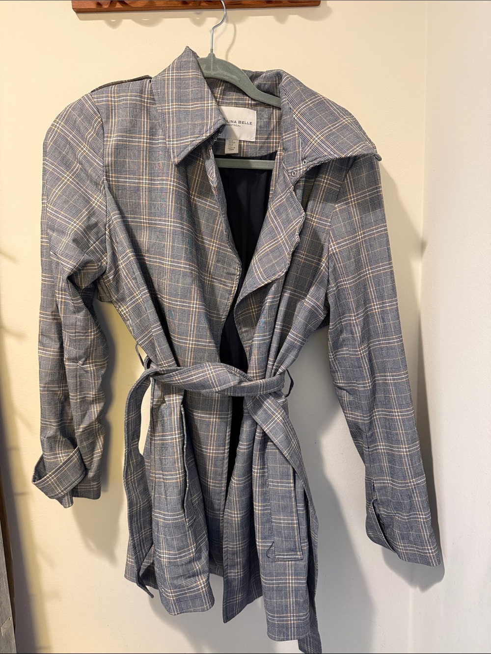 Carolina Belle Gray Plaid Trench Coat with Tie Waist